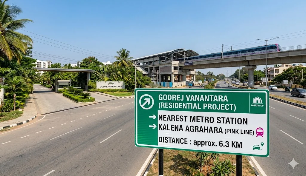 Map showing the distance from Godrej Vanantara to Kalena Agrahara Pink Line Metro and Konanakunte Cross Green Line Metro stations.